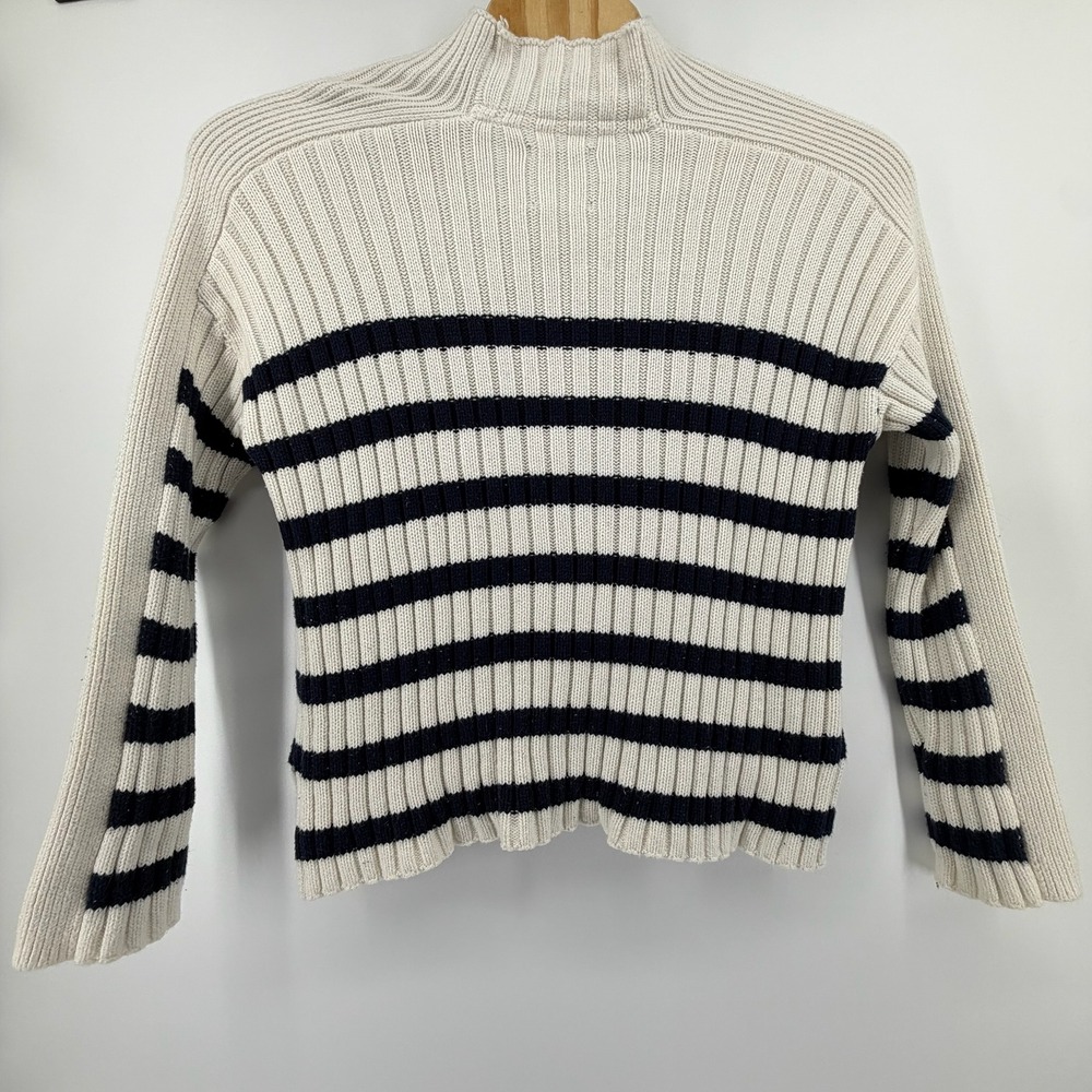 Abercrombie Fitch Striped Mock Neck Ribbed Knit Sweater Cream Navy Women's L - Picture 3 of 9